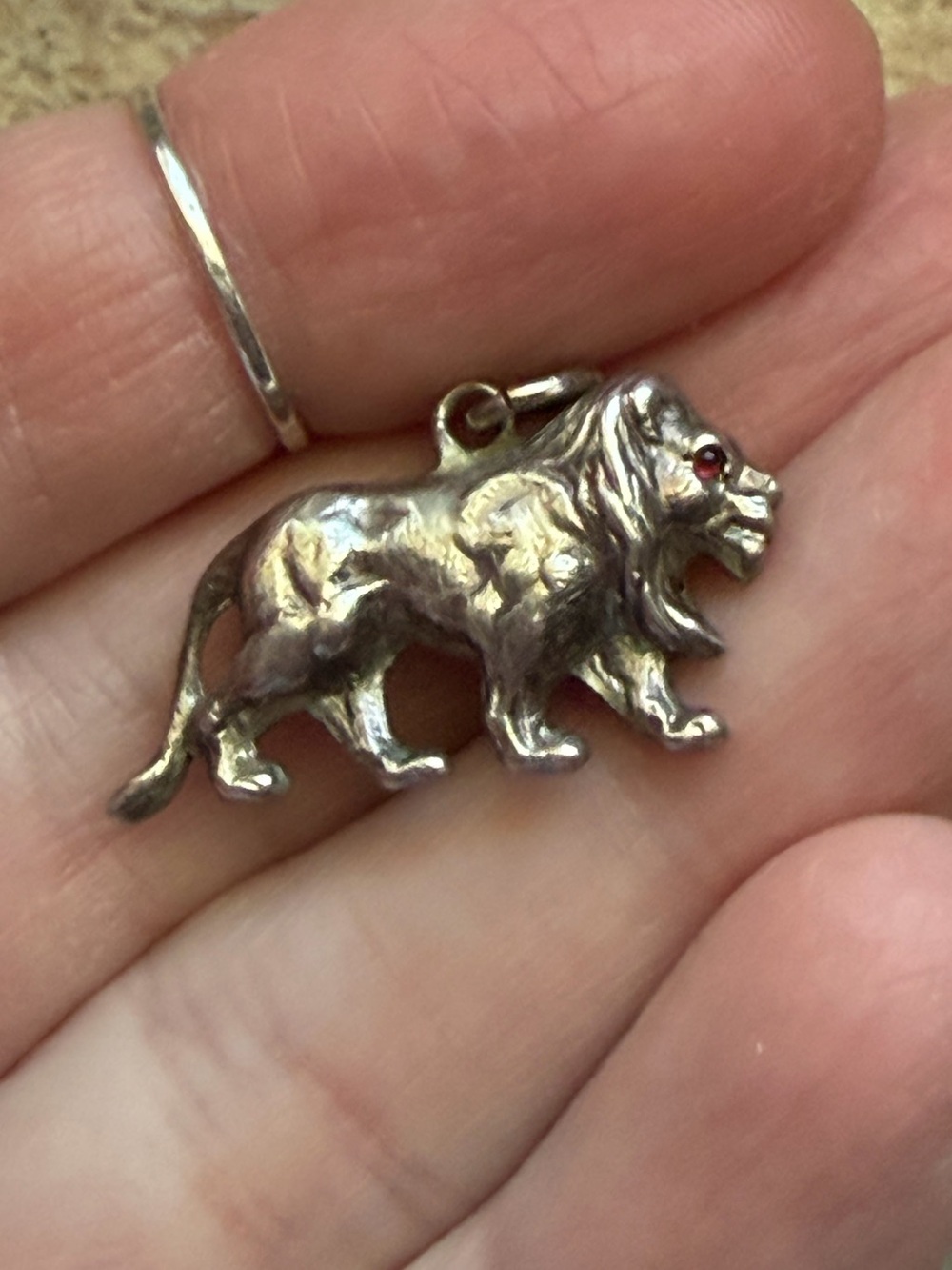 Antique 800 Silver 3-D Lion Pendant with Red Gem Eyes